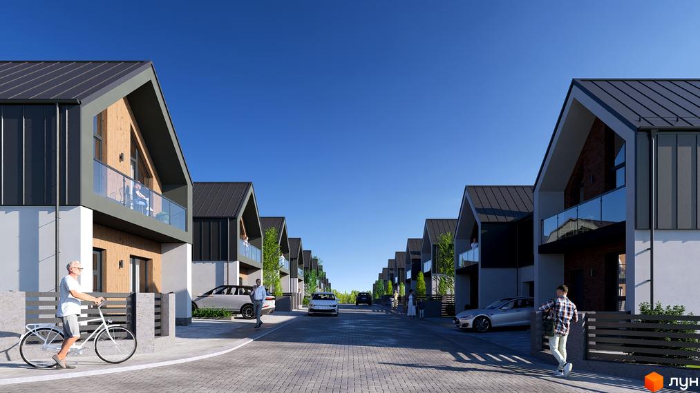 Котеджне містечко ATLANT-CITY: сучасні будинки з панорамними вікнами та скляними балконами, упорядкована вулиця з автомобілями та пішоходами.