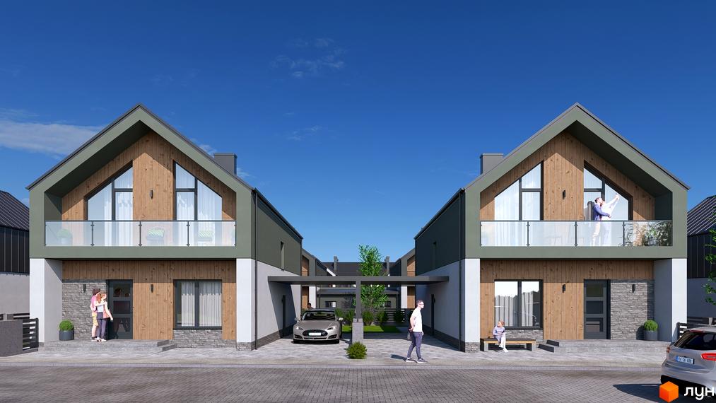 Котеджне містечко ATLANT-CITY: двоповерхові будинки з дерев'яними фасадами та великими вікнами, балкон, парковка для авто.