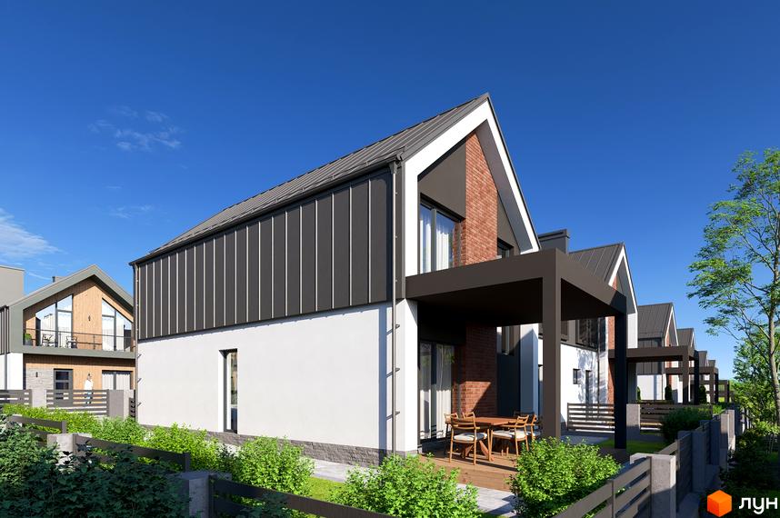 Котеджне містечко КМ ATLANT-CITY з білими стінами, темним дахом та цегляними вставками. На прибудинковій території зелені насадження та паркан.