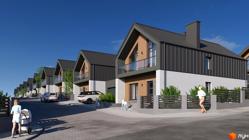 Котеджне містечко ATLANT-CITY: сучасні будинки з темними дахами та дерев'яними фасадами, огороджена територія з парканом, доглянутий двір з деревами та доріжками.