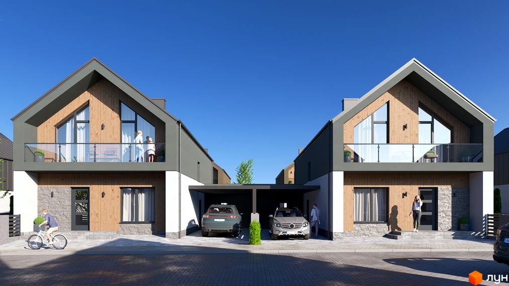 Котеджне містечко ATLANT-CITY: двоповерхові будинки з дерев'яними фасадами та скляними балконами, прибудинкова територія з автомобілями та пішоходами.