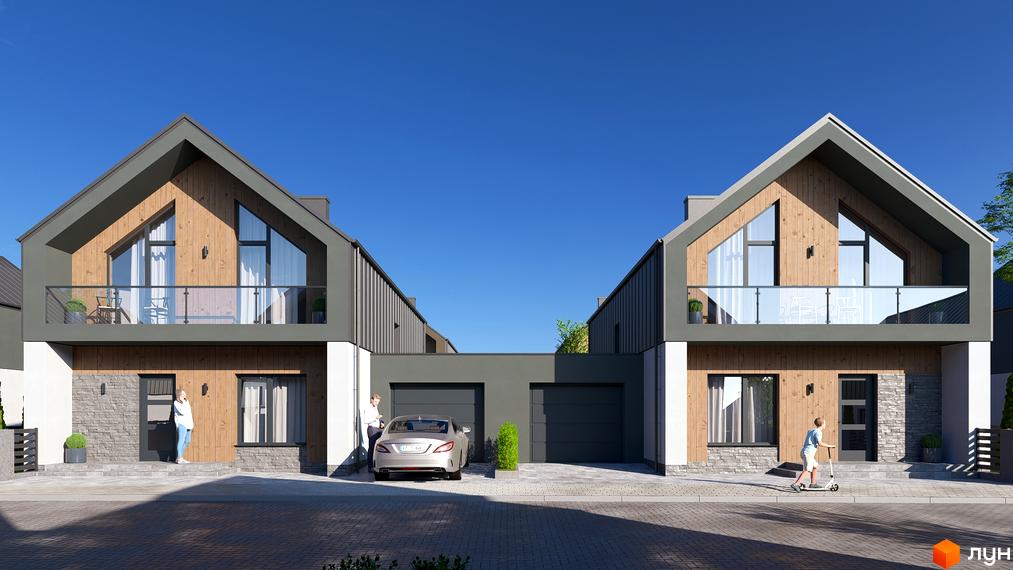 Зовнішній вигляд котеджного містечка КМ ATLANT-CITY з двома будинками, балконами та гаражами. Прибудинкова територія з автомобілем та дитиною на самокаті.