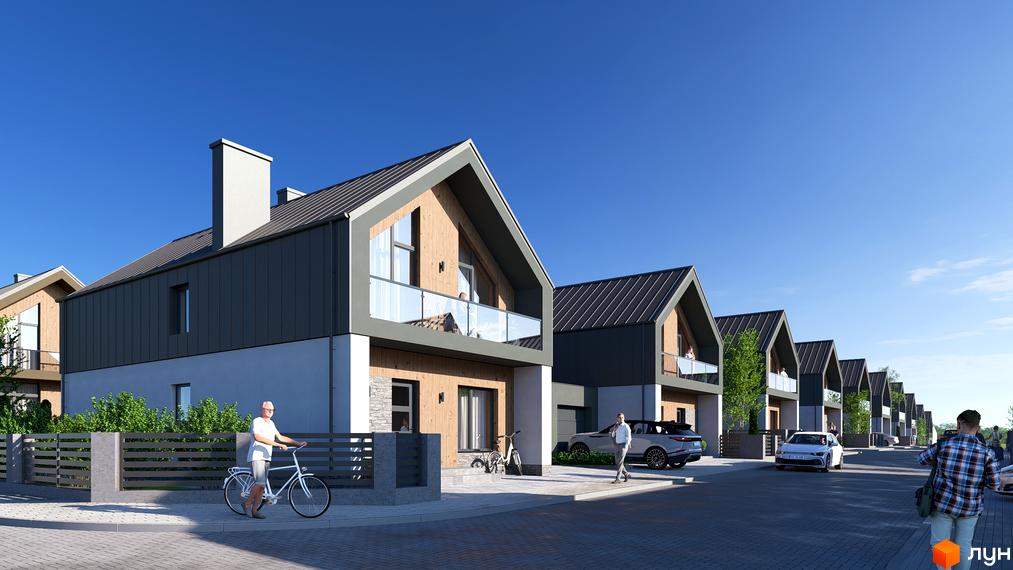 Котеджне містечко КМ ATLANT-CITY: сучасні будинки з дерев'яними фасадами та сірими дахами, огороджена територія, доглянутий двір.