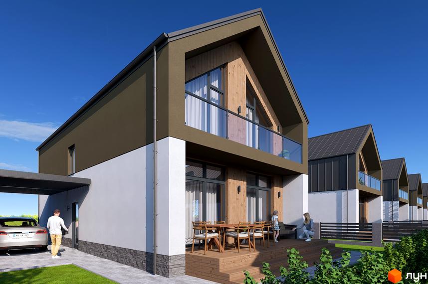 Котеджне містечко КМ ATLANT-CITY. Зовнішній вигляд котеджів з дерев'яними фасадами та скляними балконами, прибудинкова територія з автомобілем та зоною відпочинку.