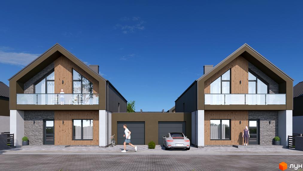 Зовнішній вигляд котеджного містечка КМ ATLANT-CITY з двома будинками, балконами та гаражами. На прибудинковій території видно автомобіль та людину, що біжить.