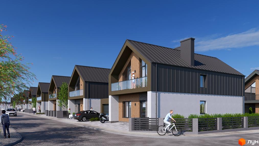 Котеджне містечко КМ ATLANT-CITY: фасади будинків з темним дахом та дерев'яними елементами, огороджена територія з парканом та доглянутим ландшафтом.