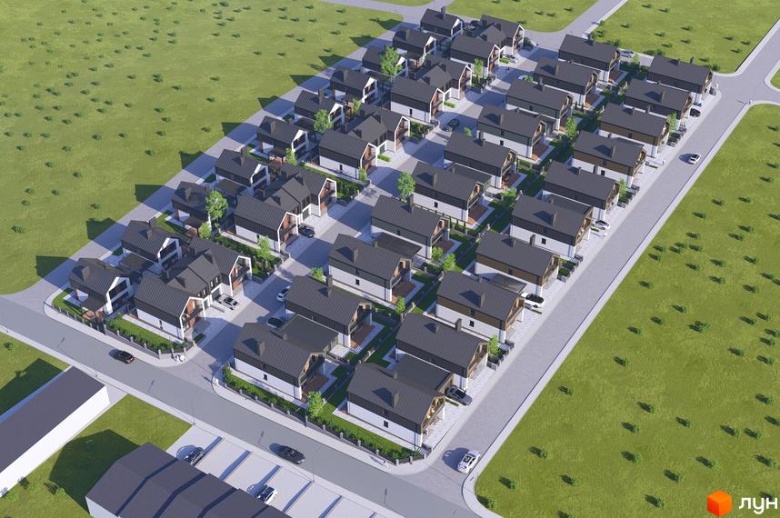 Котеджне містечко ATLANT-CITY: двоповерхові будинки з темним дахом та світлими фасадами на зеленій території.