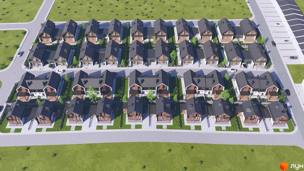 Котеджне містечко ATLANT-CITY: акуратні будинки з темними дахами та цегляними фасадами, розташовані на доглянутій території з доріжками та зеленими насадженнями.