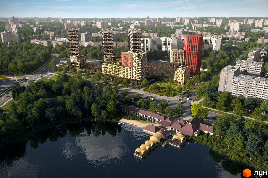 Зображення Житлового комплексу Brother з висоти пташиного польоту. На фото видно багатоповерхові будинки та зелену прибудинкову територію.