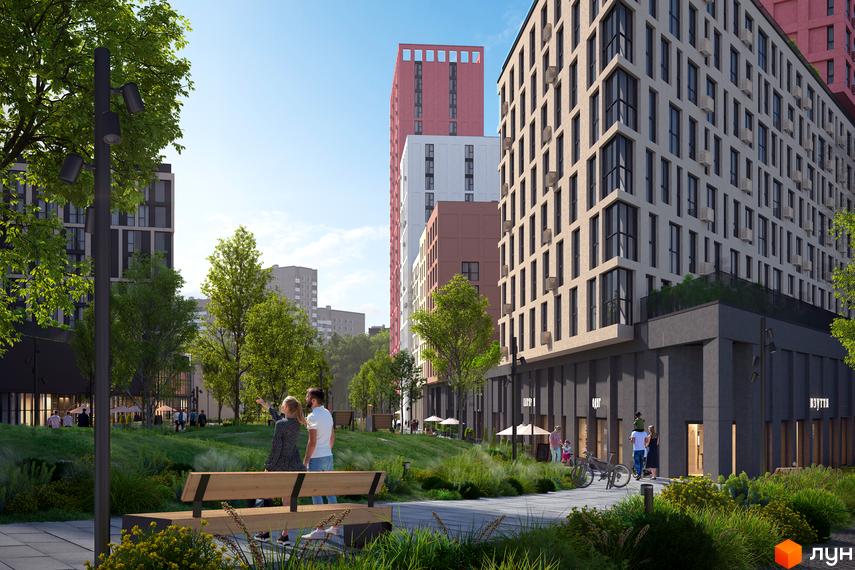 Зображення Житлового комплексу Brother з багатоповерховими будинками та пішохідною зоною з лавками.