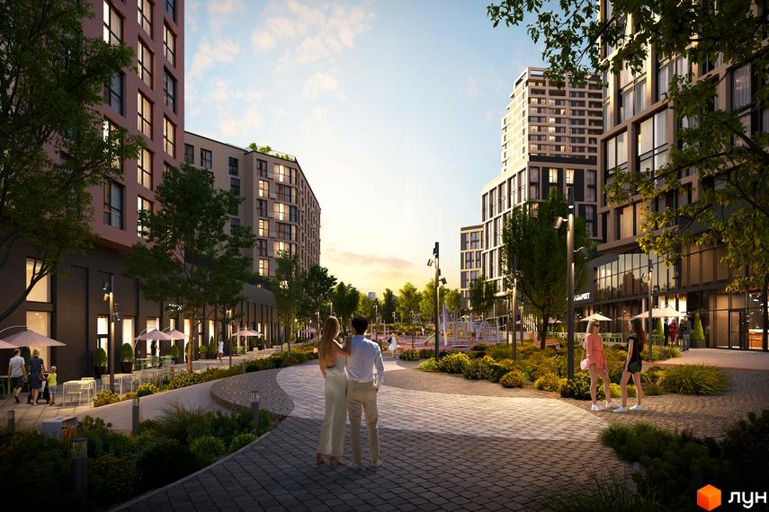 Зображення Житлового комплексу Brother з виглядом на будівлі та пішохідну зону. Навколо багато зелені та місця для відпочинку.