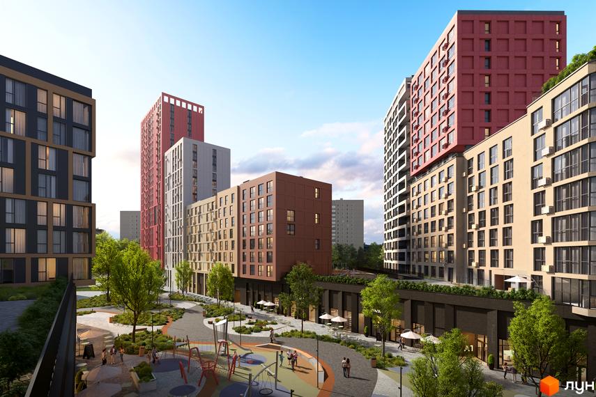 Вигляд на Житловий комплекс Brother з кольоровими багатоповерховими будинками та дитячим майданчиком у дворі.