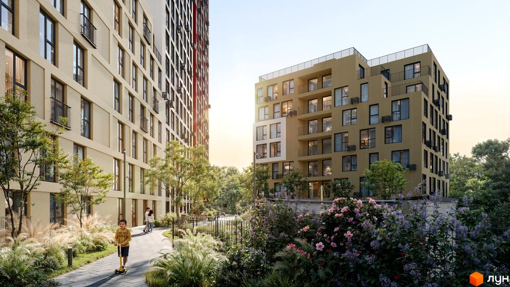 Житловий комплекс Brother: фасади будівель з вікнами та балконами, зелена прибудинкова територія з дитиною на самокаті.