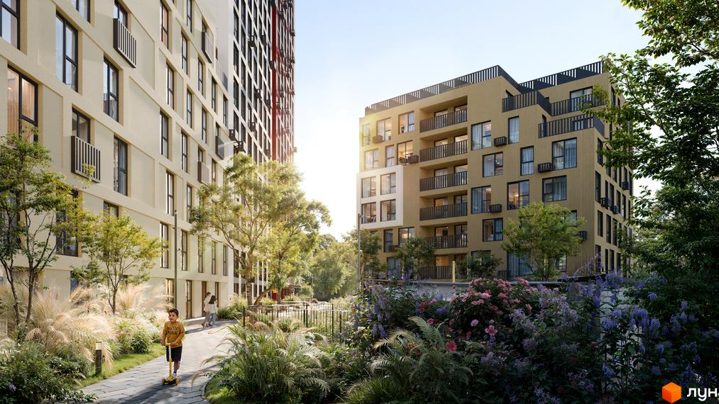 Житловий комплекс Brother: фасад будинку з балконами та вікнами, зелена прибудинкова територія з дитиною на самокаті. Зовнішній вигляд новобудови та ландшафтний дизайн.