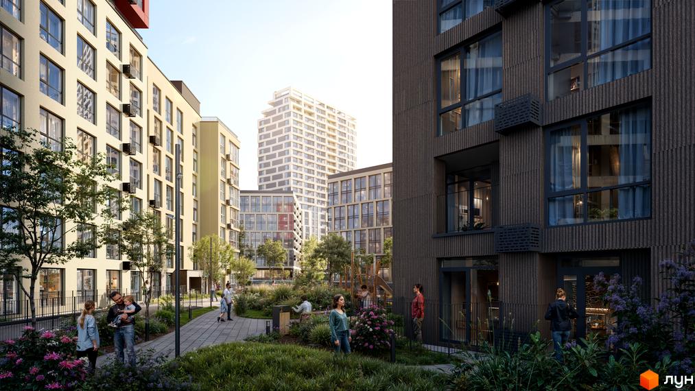 Зображення фасаду та подвір'я Житлового комплексу Brother. На фото багатоповерхові будинки та зелена зона з деревами.