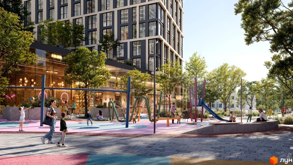 Зображення Житлового комплексу Brother з дитячим майданчиком на прибудинковій території та багатоповерховим будинком.