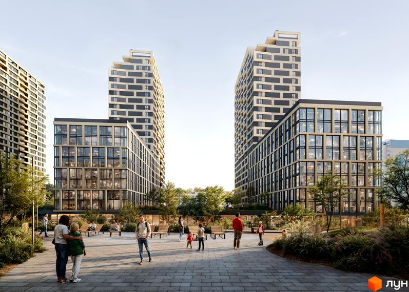 Житловий комплекс Brother: двоє висотних будинків з каскадною архітектурою та скляними фасадами, з прибудинковою територією з ландшафтним дизайном та місцями для відпочинку.