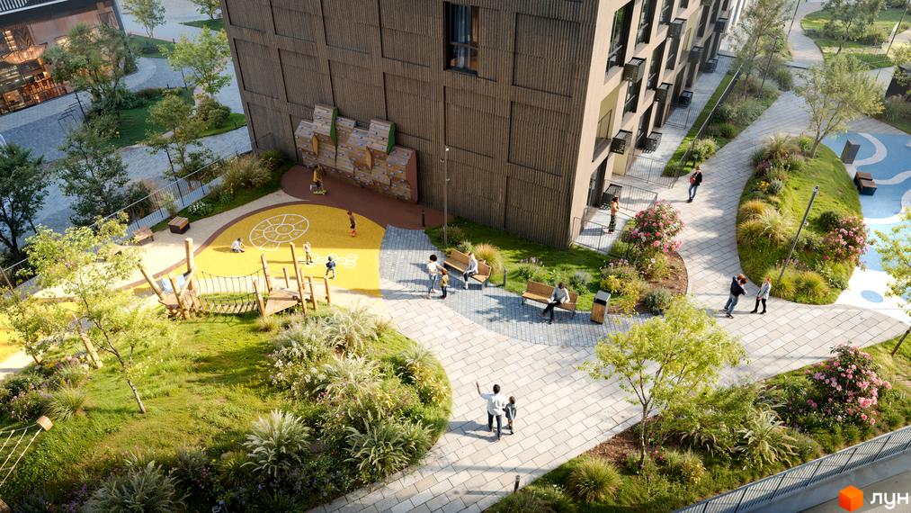 Житловий комплекс Brother: фасади будівель та зелена прибудинкова територія з дитячим майданчиком і зонами відпочинку.