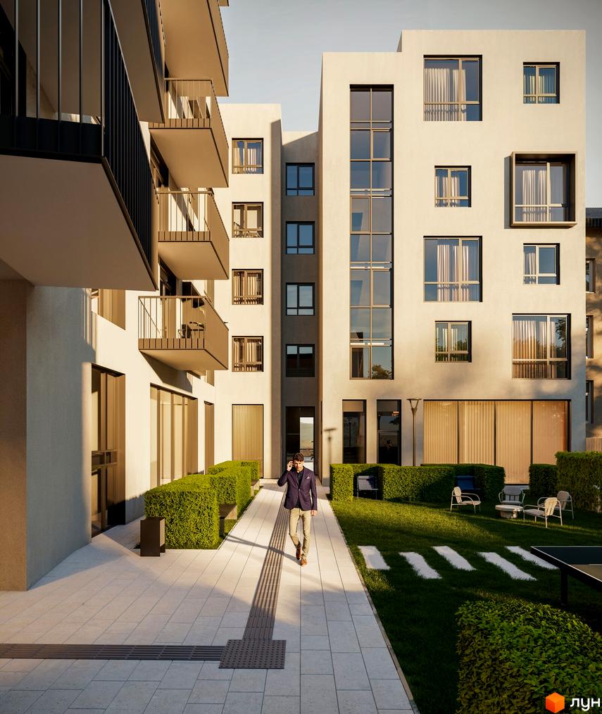 Зовнішній вигляд будівельного проєкту HARRY з балконами та великими вікнами на тлі блакитного неба. Прибудинкова територія з акуратними кущами та місцями для відпочинку.