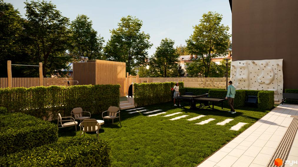 Житловий комплекс HARRY: зелена прибудинкова територія з зоною для відпочинку, настільним тенісом та скеледромом.