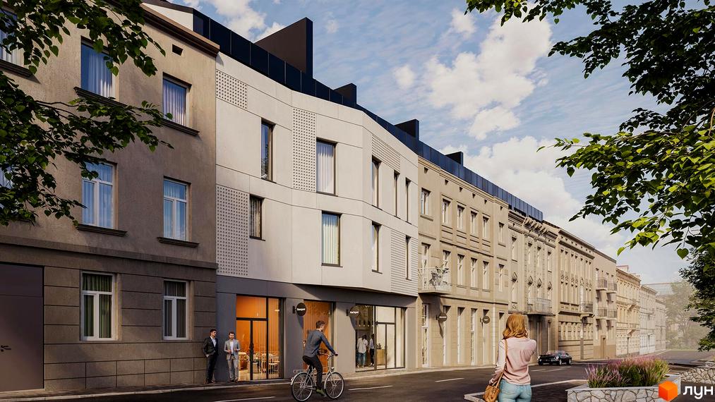 Зовнішній вигляд новобудови ЖК HARRY з вікнами та фасадом, що виходить на вулицю з деревами та хмарним небом.