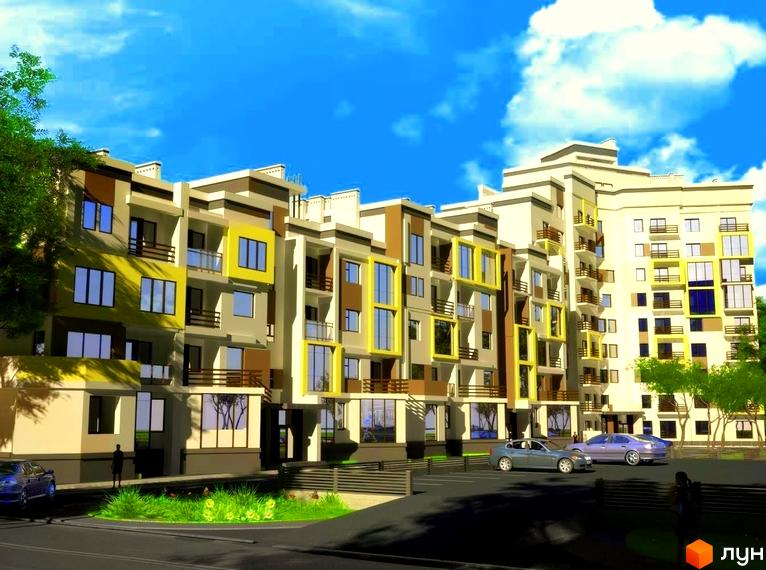 Новобудова ЖК Сан Сіті з яскравими жовтими та коричневими фасадами, балконами та великими вікнами. Прибудинкова територія з зеленими насадженнями та автомобілями.