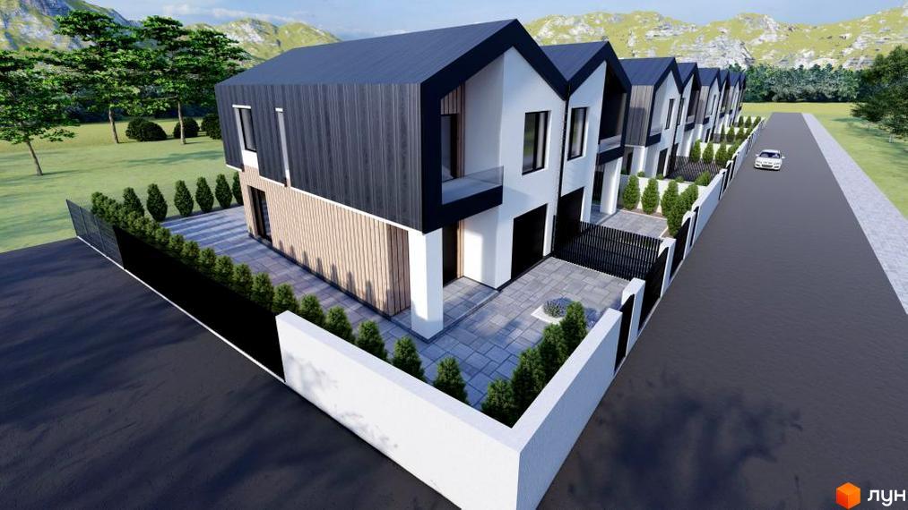 Сучасний житловий комплекс на вулиці Парафіяльній з оригінальною архітектурою та доглянутою прибудинковою територією, що включає зелені насадження та бруківку.