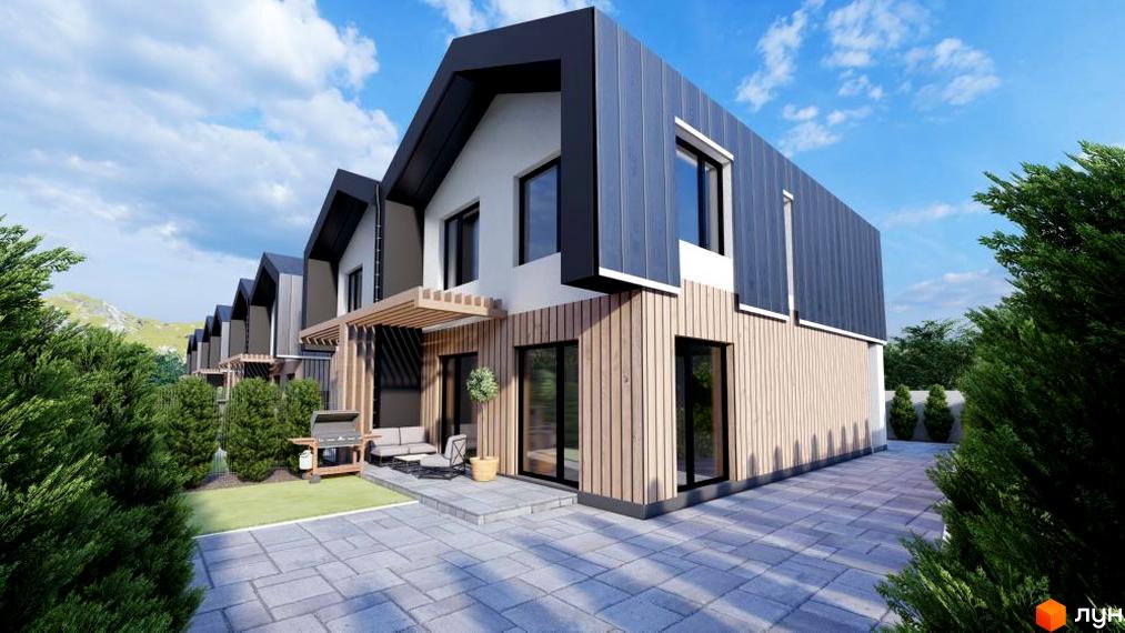 Сучасні двоповерхові будинки з дерев'яним фасадом та великими вікнами на вулиці Парафіяльній. Прибудинкова територія з терасою, зоною барбекю та зеленими насадженнями.