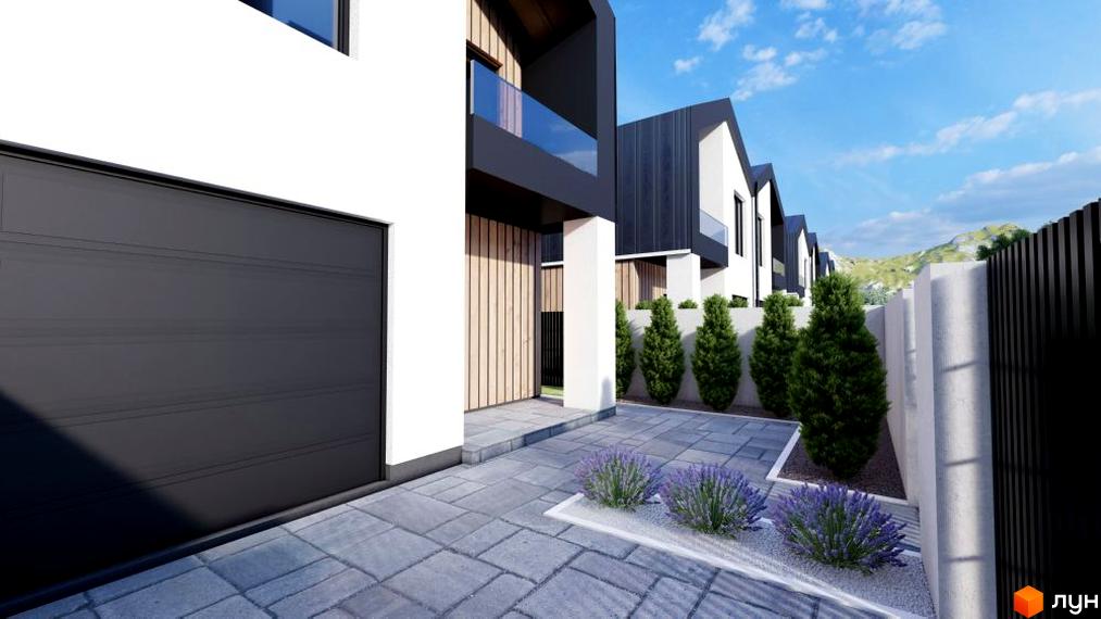 Зовнішній вигляд житлового комплексу на вул. Парафіяльна з гаражем, дерев'яними елементами та скляним балконом. Прибудинкова територія з бруківкою, туями та лавандою.