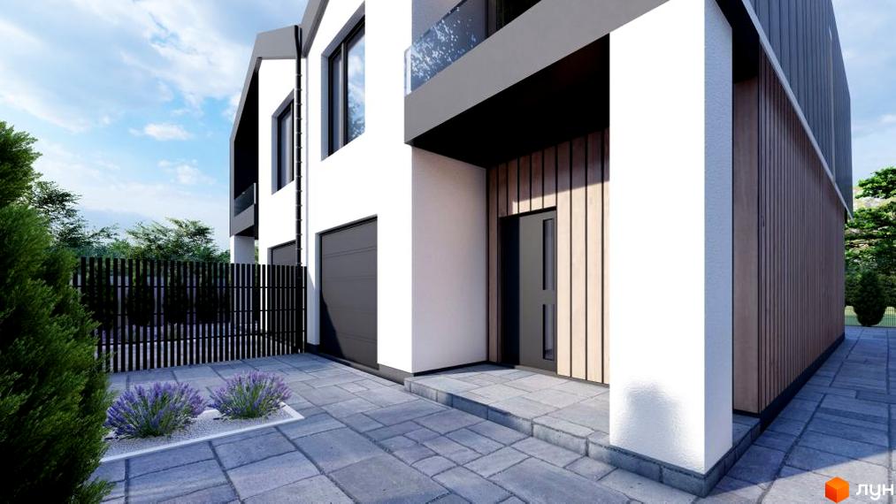 Зовнішній вигляд новобудови на вул. Парафіяльна з бруківкою та лавандою. Сучасний дизайн фасаду та огородження.