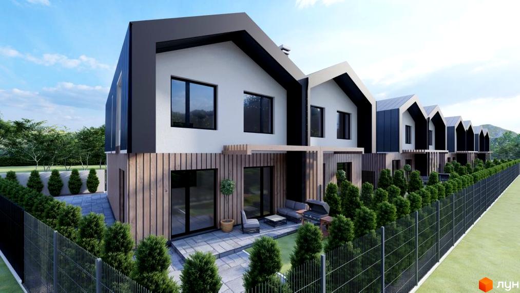 Сучасний житловий комплекс на вул. Парафіяльна з індивідуальними двориками та зеленими насадженнями. Фасади будівель оздоблені дерев'яними елементами та великими вікнами.