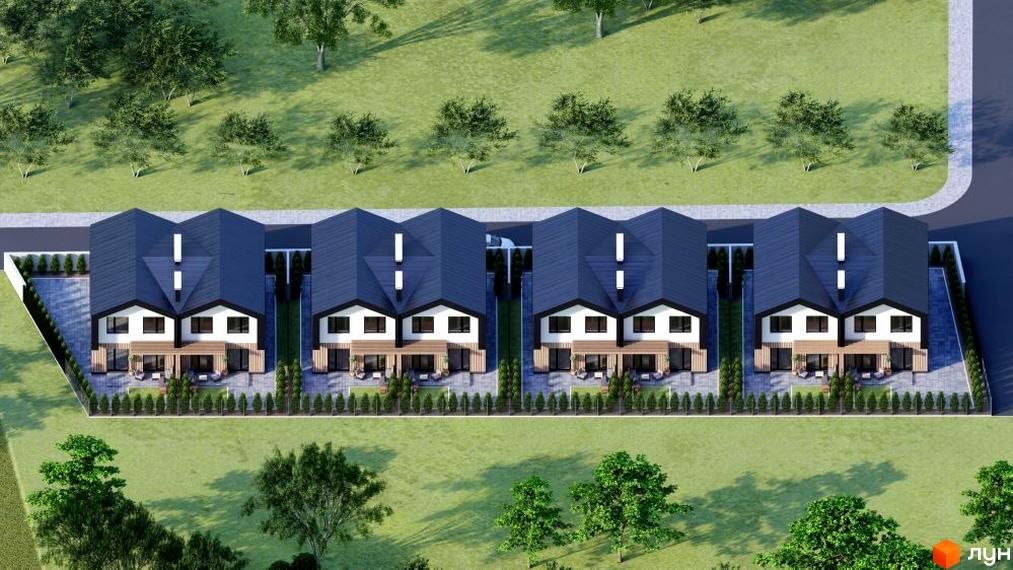 Сучасний житловий комплекс на вул. Парафіяльна, з чотирма будинками та доглянутою прибудинковою територією з деревами та парканом.