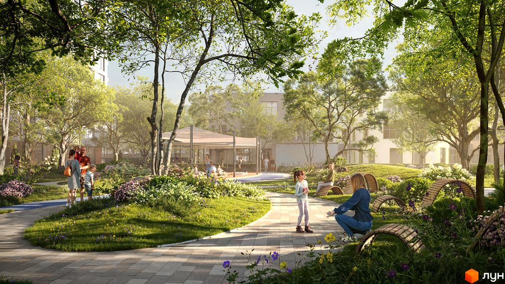 Житловий комплекс Sister: зелений двір з дитячим майданчиком та зонами відпочинку. Сучасна архітектура новобудови гармонійно поєднується з ландшафтним дизайном.