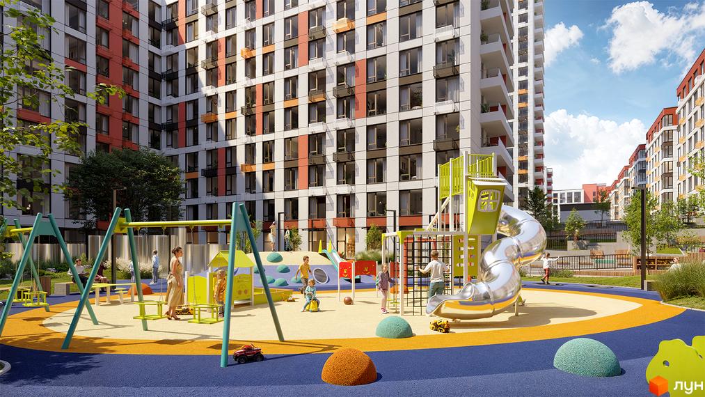 Житловий комплекс Sister: сучасна архітектура будівель та облаштований дитячий майданчик з гірками та гойдалками.