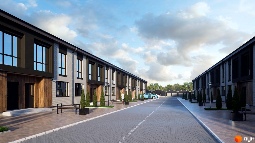 Таунхауси Eurovillage з цегляним фасадом та дерев'яними елементами, розташовані вздовж вулиці з бруківкою та зеленими насадженнями.