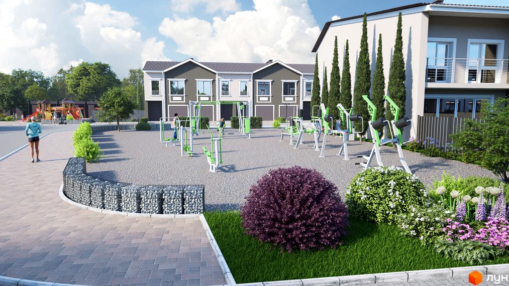 Таунхауси Eurovillage: двоповерхові будинки з гаражами та спортивним майданчиком на прибудинковій території. Зелені насадження та дитячий майданчик.