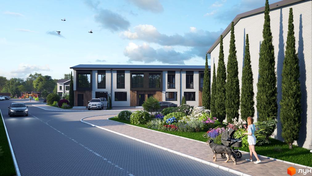 Eurovillage - сучасний житловий комплекс з таунхаусами, з доглянутою прибудинковою територією, зеленими насадженнями та дитячим майданчиком. На зображенні видно фасад будівель, дорогу та елементи ландшафтного дизайну.