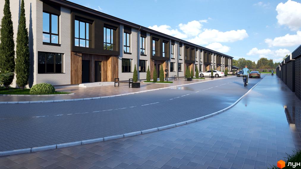 Таунхауси Eurovillage: сучасна архітектура двоповерхових будинків з великими вікнами та впорядкована прибудинкова територія з дорогою та зеленими насадженнями.