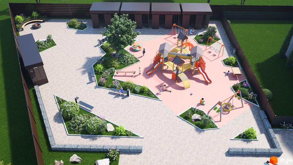 Eurovillage: дитячий майданчик з ігровими комплексами та зонами відпочинку, оточений зеленими насадженнями та дерев'яними альтанками.
