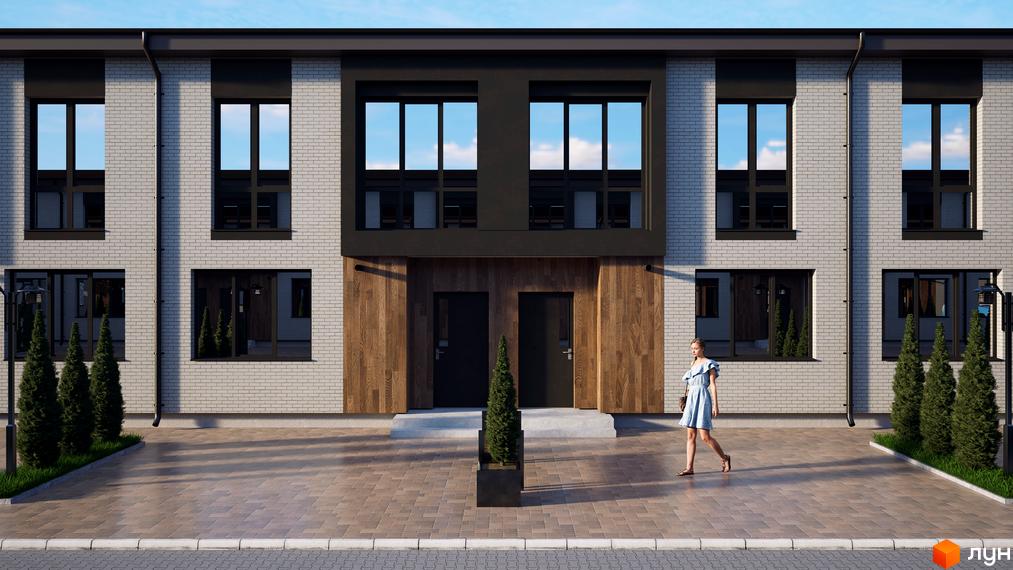 Фасад таунхаусів Eurovillage з сірої цегли та темними вікнами. Перед будинком вимощена територія з зеленими насадженнями та пішохідною доріжкою.