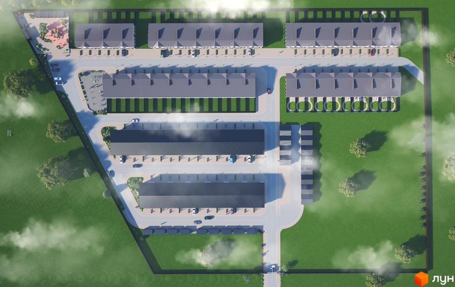 Таунхауси Eurovillage з сірими дахами та паркомісцями. На прибудинковій території розташовані дитячий майданчик та зелені насадження.