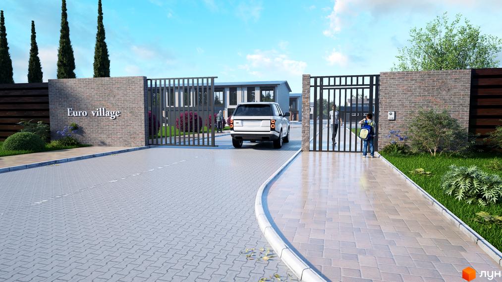 Таунхауси Eurovillage: в'їзд на територію житлового комплексу з сучасними будинками та огородженою територією. Зелені насадження та доглянутий двір.
