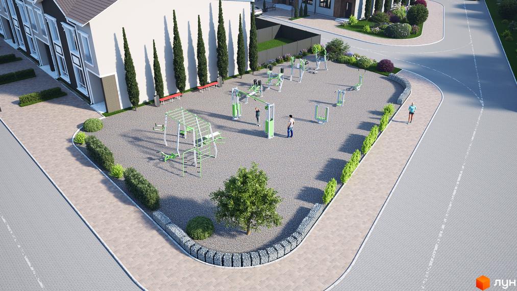 Ряд таунхаусів Eurovillage з світлими фасадами та темними дахами. Поруч розташований спортивний майданчик з тренажерами, доріжки та зелені насадження.