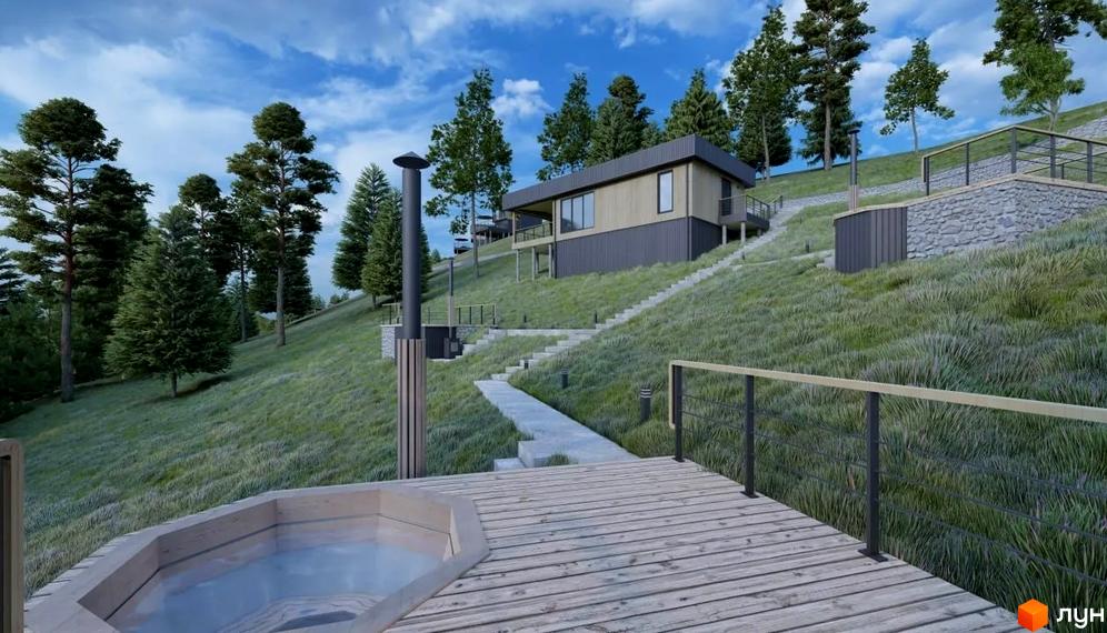 Котеджне містечко Genesis Mountain з дерев'яною терасою та джакузі на схилі гори, оточене соснами. Навколо будинку облаштовані сходи та освітлення.