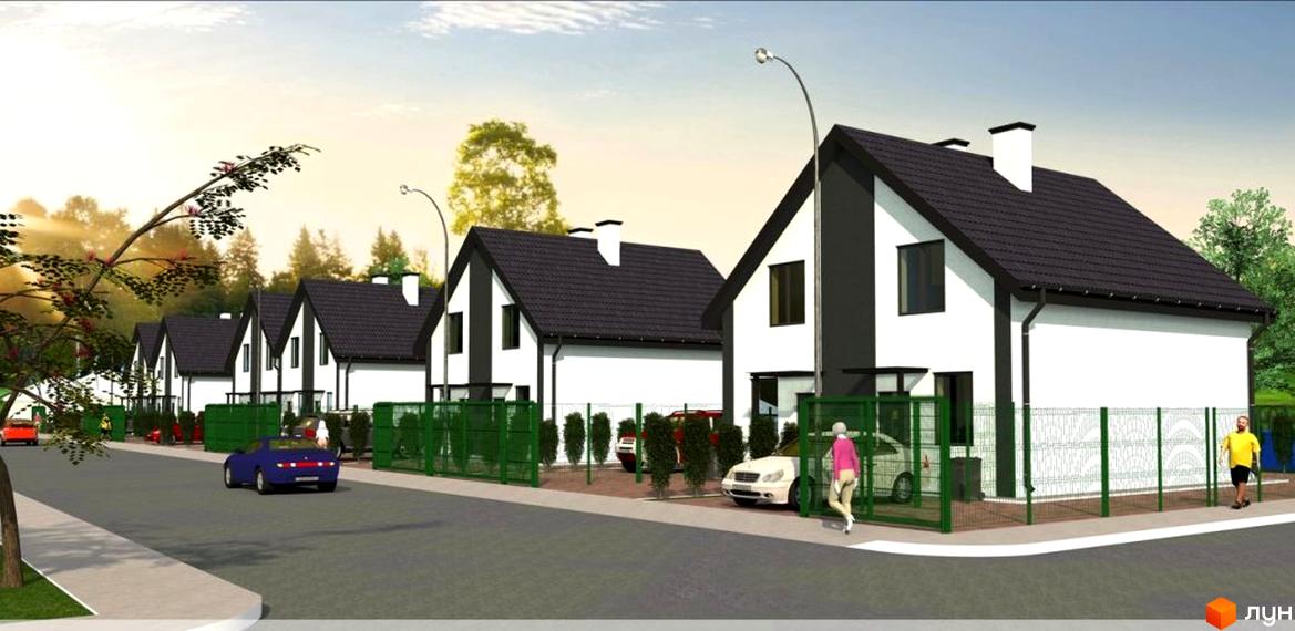 Котеджне містечко Резиденція Тетіїва. Зовнішній вигляд будинків та прибудинкова територія з автомобілями та огорожею.