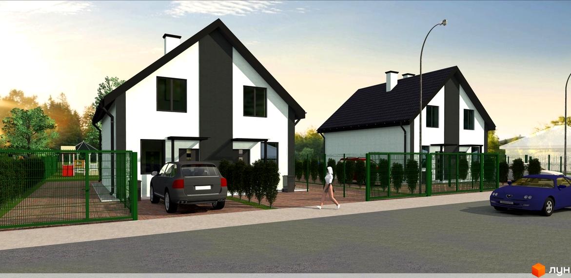 Котеджне містечко Резиденція Тетіїва: двоповерхові будинки білого та сірого кольору з чорним дахом, огороджена територія з зеленими насадженнями та дитячим майданчиком.