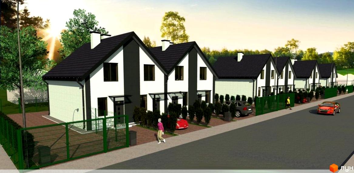 Котеджне містечко КМ Резиденція Тетіїва. Зовнішній вигляд будинків з чорними дахами та білими стінами, зелений паркан та доглянута прибудинкова територія.