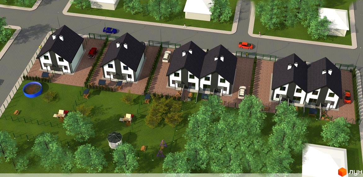 Котеджне містечко КМ Резиденція Тетіїва: двоповерхові будинки з чорними дахами та білими фасадами, огороджена територія з зеленим газоном, дитячим майданчиком та басейном.