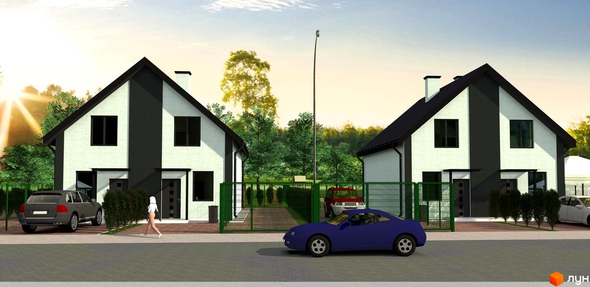 Котеджне містечко Резиденція Тетіїва: двоповерхові будинки з чорним та білим фасадом, вікнами та дверима, на тлі зелених дерев та паркану.