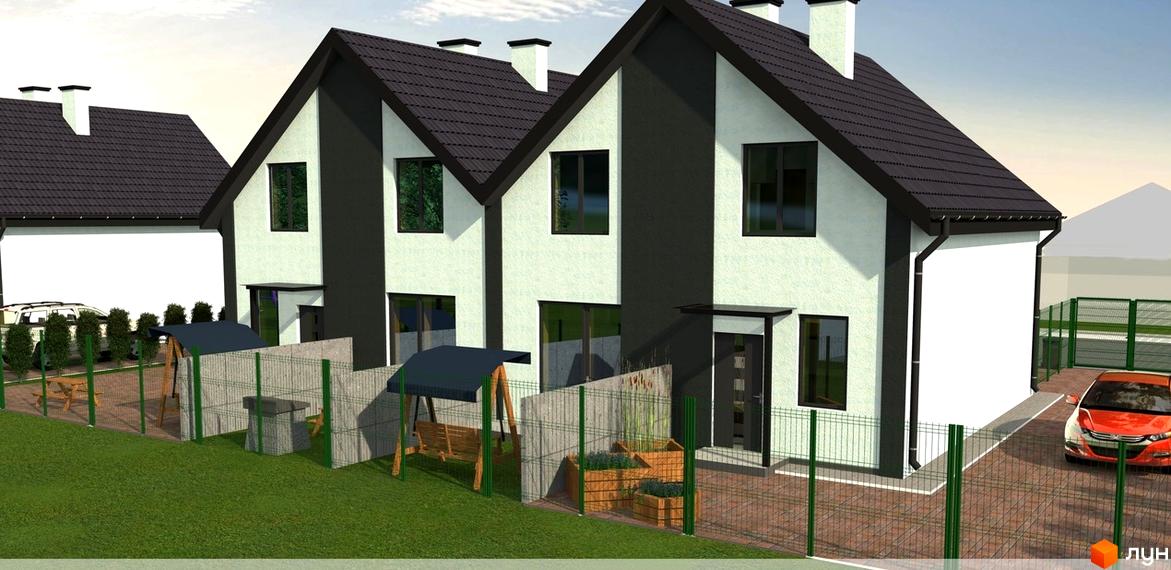 Котеджне містечко Резиденція Тетіїва. Зовнішній вигляд двоповерхових будинків з темним дахом та світлими стінами, прибудинкова територія з парканом, гойдалкою та автомобілем.